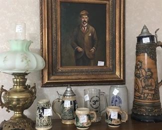 Steins, oil lamp , and Oil painting