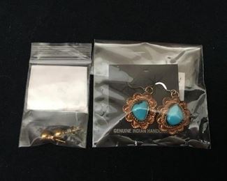 copper earrings w/turquoise &  14 k gold post earrings