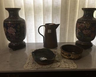 pair of cloisonne' enamel vases on stands with copper pitcher hand thrown pottery 