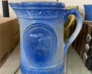 Primitive Blue and Grey Stoneware Pitcher with Cows