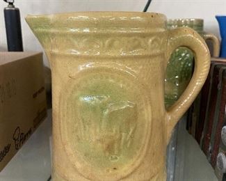 Primitive Cream and Green Stoneware Pitcher with Cows