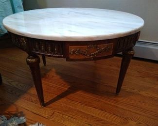 Baker Furniture Company Finest Round Marble Topped Carved Wood Coffee Table. Oh my!