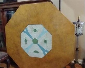 MCM Vintage Octagon Games Table, in pickled wood finish and Inlaid tile South Western designs.  With pickled wood Pedestal Base.