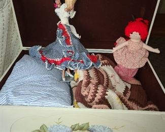 Painted Trunk With Blankets & Dolls