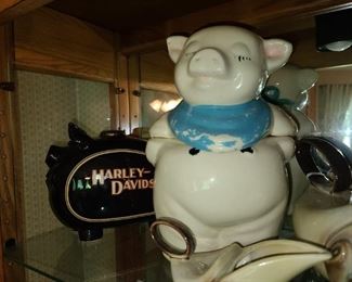 Antique Piggy Cookie Jar & Harley Davidson Bank