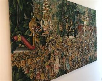 Very large appx 78" X 120" " wide traditional balinese painting Ubud signed I Wayon Merta S. Ubud Bali - Pigment on European Cotton - processional scene - greens and blues