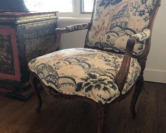 pair of Cream Blue and red upholstered occasional chairs