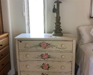 hand painted white rose chest with pair of lamps - cottage style 