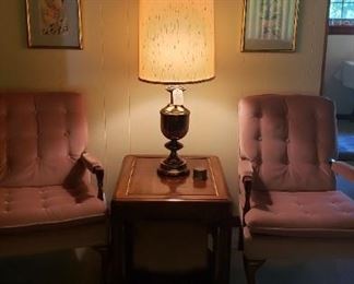 pink velvet arm chairs, end table, lamp, framed art
