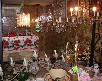 SOME BRASS VINTAGE CHANDELIERS AND SCONCES WITH CRYSTAL PRISMS FROM ITALY