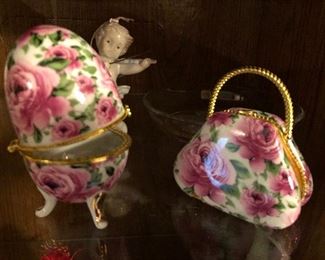 Porcelain Faberge style egg and handbag 