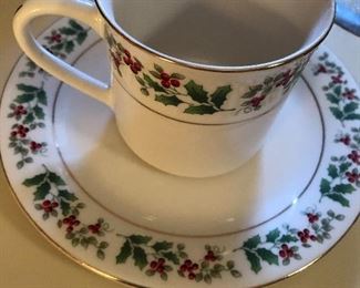 Complete holiday china set for 8 including dinner and salad plates, bowls, cups and saucers.