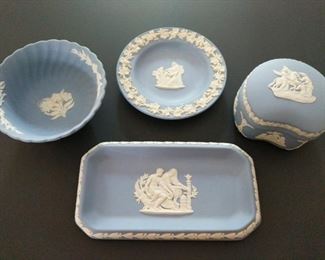 This is a set of 4 Blue Wedgwood pieces that appear to be in excellent condition. The rectangular dish measures 6"x3.5". https://ctbids.com/#!/description/share/949855