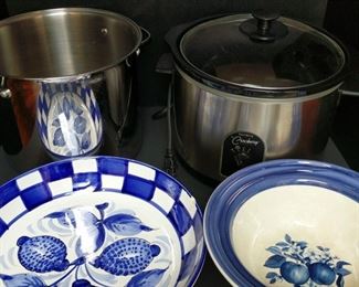 This is a West Bend Slow cooker, a Tramontina 12qt Stock pot (lid from slow cooker fits), and two Italian bowls (one is chipped). Large bowl measures 13" across. https://ctbids.com/#!/description/share/949864