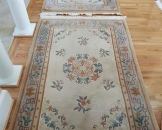 These hand woven Chinese rugs measure 4'x6'. They could use a cleaning but otherwise are in great shape. Make sure to see the matching larger rug in this sale. https://ctbids.com/#!/description/share/949869