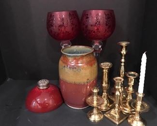 Red and khaki vase, two red candle holders, red vase and six brass candle holders. https://ctbids.com/#!/description/share/949889