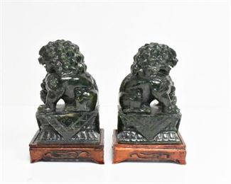 Pair Green Jade Carved Foo Dog Bookends - Decor