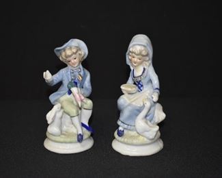 Boy w/ Rabbit Girl w/ Goose Porcelain Figurines