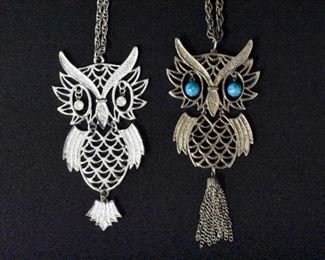 2 Silver Tone Owl Necklaces