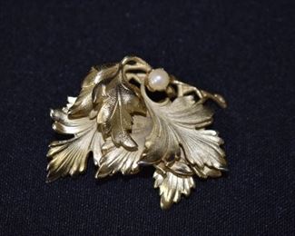 Gold Tone Leaf with Faux Pearl Brooch