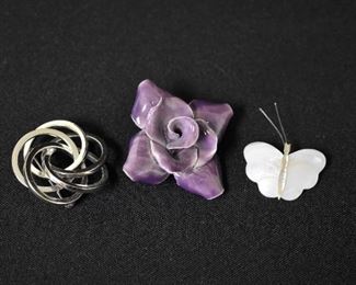 3 Brooches - Flower Butterfly & Intertwined Circle