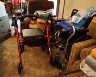 WALKER W/ SEAT AND BASKET, 4 FOOTED CANES, NEW WHEELCHAIR