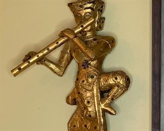 One of 4  Vintage Thai Gilt Wood Musicians wall hangings $350 set of 4 about 12" by 8"