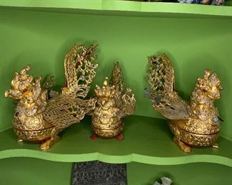 Thai mythical Gilt bird lacquer boxes small $100  2 large $150 each