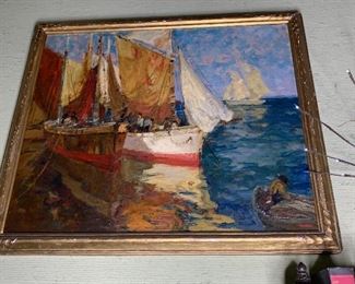 Anthony Thieme "Southern Waters"- An American Artist ( 1888 - 1954)  This painting is in it's original frame with the Anthony Thieme Boston, Mass Stamp on the back of the stretcher. Also handwritten is the title Southern Waters No. 83 A, there is crazing in the paint and some paint is chipping in the lower right hand corner of the painting. 
Contact Leigh for pricing information 
34" by 40"