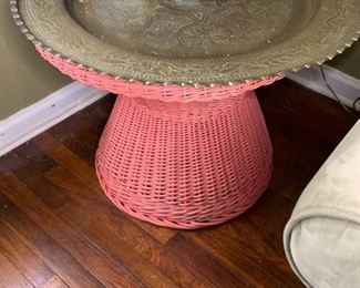 31” brass tray on wicker base $250