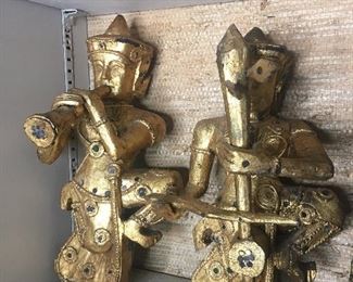 two of 4  Vintage Thai Gilt Wood Musicians wall hangings $350 set of 4