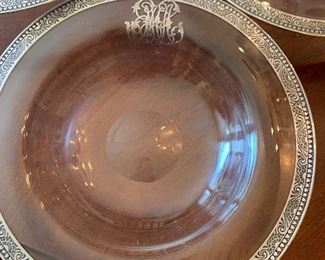 Close up view-Collection of 9 Sterling Rimmed Soup/salad Bowls with Sterling monogram $225 Set