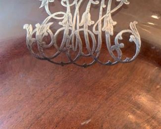 Close up of Monogram -Collection of 9 Sterling Rimmed Soup/salad Bowls with Sterling monogram $225 Set