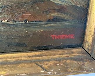 Anthony Thieme "Southern Waters"- An American Artist ( 1888 - 1954)  This painting is in it's original frame with the Anthony Thieme Boston, Mass Stamp on the back of the stretcher. Also handwritten is the title Southern Waters No. 83 A, there is crazing in the paint and some paint is chipping in the lower right hand corner of the painting. 
Contact Leigh for pricing information 
34" by 40"