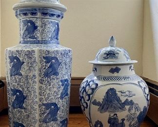 Item 11:  Covered Ginger Jar with Koi Fish (left) - 25":  $75                                                                                                            Item 12:  Covered Ginger Jar (right) - 16": $65