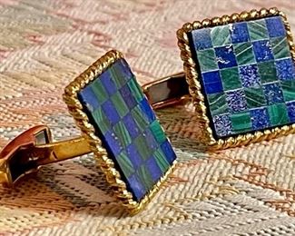 Item 20:  Heavy 14K and Stone (malachite and lapis?) Mosaic Cufflinks Marked AR 14K:  $900