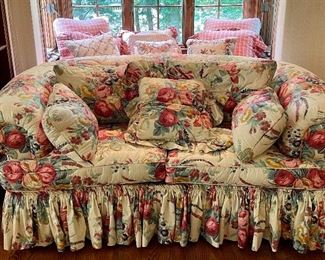 Item 37:  Custom Upholstered Settee with Pillows - 66"l x 21"w x 29"h:  $325