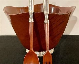 Item 99:  Mahogany & Sterling Serving Bowl & Utensils:                             Bowl - 11.5" x 7.5": $48