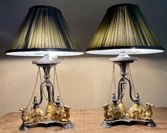 Item 102:  Vintage Pair of Unusual Lamps with Camels, Mixed Metal - 15.5":  $375/Pair