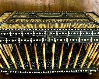 Item 108:  Antique Porcupine Quill and Inlay Basket - 12"l x 9"w x 5"h:  $245