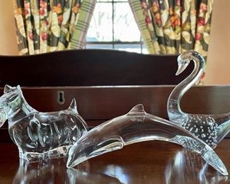 Item 123:  Baccarat Terrier (left) - 4.5" x 3":  $95                                                  Item 124:  Baccarat Dolphin (middle) - 6.25" x 2.5":  $48                                 (SOLD)                                                                                                     Item 125:  Baccarat Swan (right) - 3.5" x 5":  $40 (SOLD)