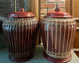Item 131:  (2) Painted Wood Vessels wrapped in Rattan (Red) - 17":  $36/Each   (please note rattan issue on bottom of left item)