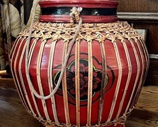 Item 137:  Painted Wood Urn with Rope Handle and Rattan Wrap- 13":  $42