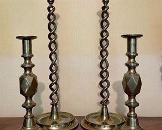 Item 186:  "King of Diamonds" Brass Candlesticks (left & right) - 12.5":  $125/Pair                                                                                           Item 187:  Twisted Brass Candlesticks (middle) - 20":  $75 (SOLD)