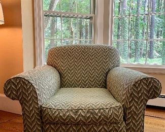 Item 210:  (2) Upholstered Armchairs & Ottoman: $395 with ottoman and $345 without                                             Chair - 41"l x 22.5"w x 33"h                                                                      Ottoman - 24.5"l x 18"w x 16.5"h