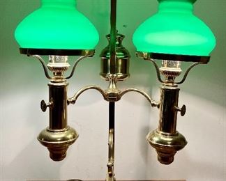 Item 311:  Heavy Brass Double Student Lamp with Emerald Green Glass Shades:  $245