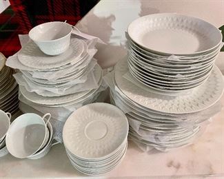 Item 314:  A. Vignaud Florence Limoge White Dish Set - 12 of dinner plates, bowls, bread plates, salad plates and 12 cups and saucers: $325 (this item is in EXCELLENT condition)