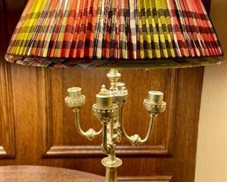 Item 320:  Pair of Brass Candelabra Lamps with Colorful Fabric Shades - 18.5": $225 for pair