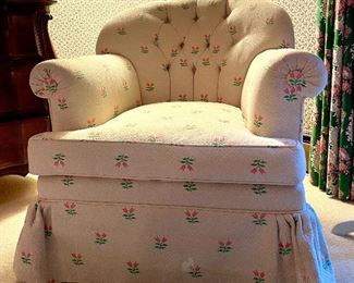 Item 370:  Upholstered Swivel Armchair (Cream with Pink Flowers) - 32"l x 23"w x 32"h: $345