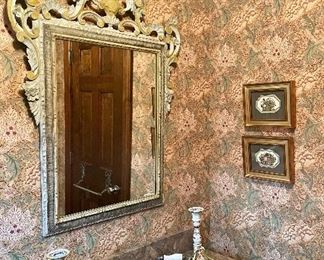 Item 381:  Antique Carved Mirror with Pale Blue Flowers:  $425